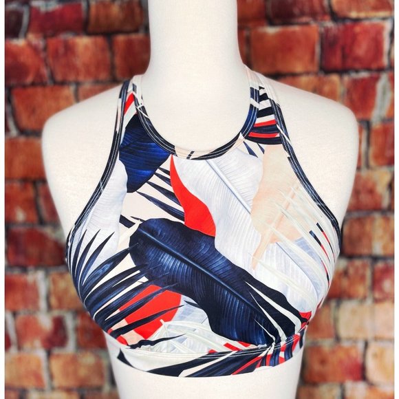 Athleta Tahitian Tropical Red Blue High Neck Swim Bikini Top Underwire Sz 32 B/C - Picture 2 of 7